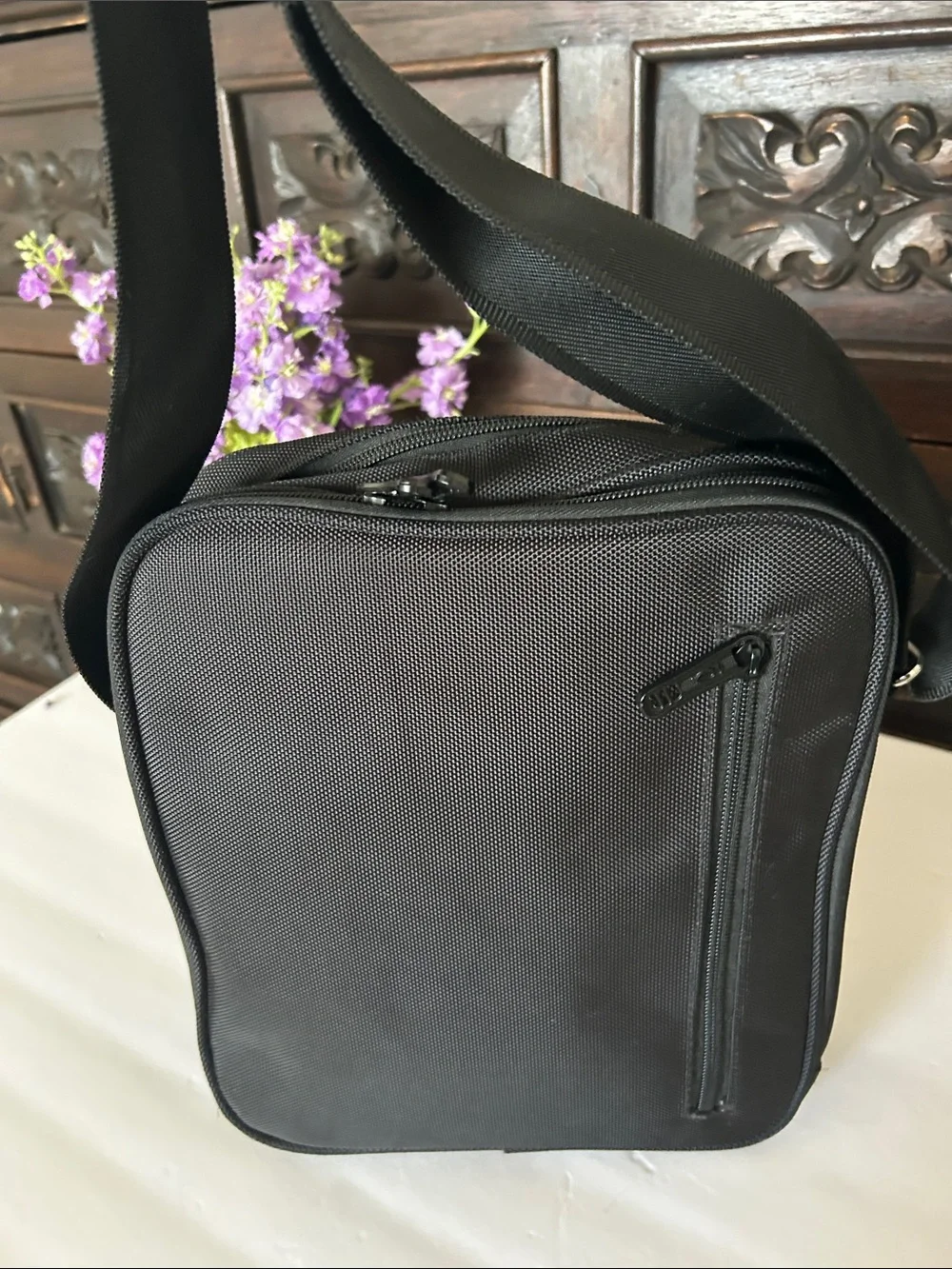 Victoria Tourist Black Messenger Bag with Red Accent Strip